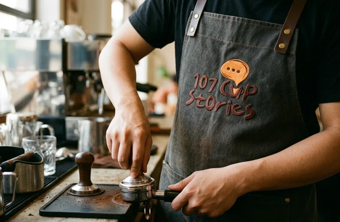 Barista apron with the 107 Cup Stories logo