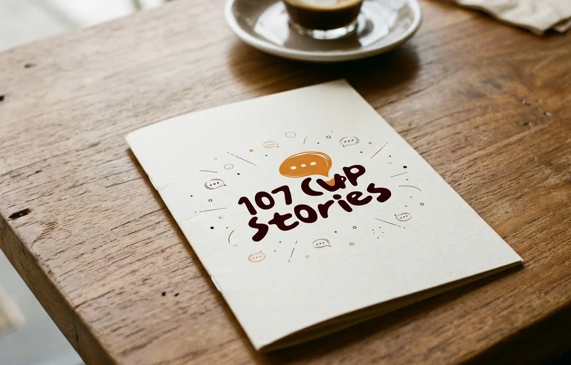 107 Cup Stories menu on a café table