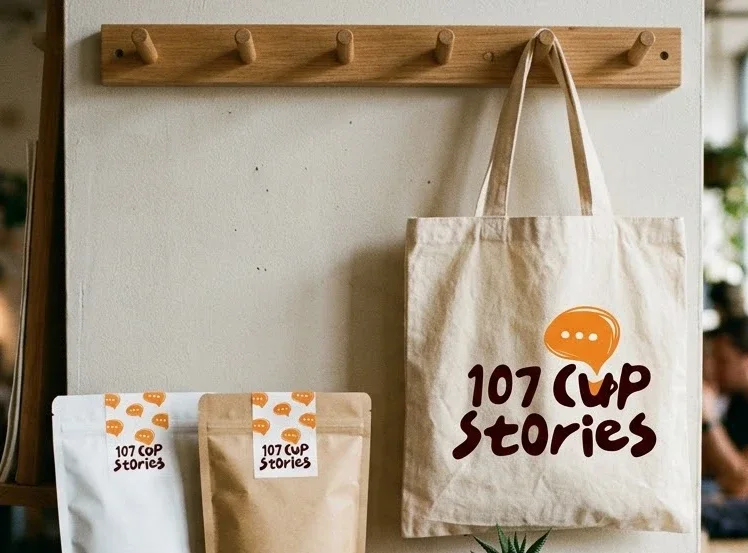 107 Cup Stories tote bag and coffee pouches