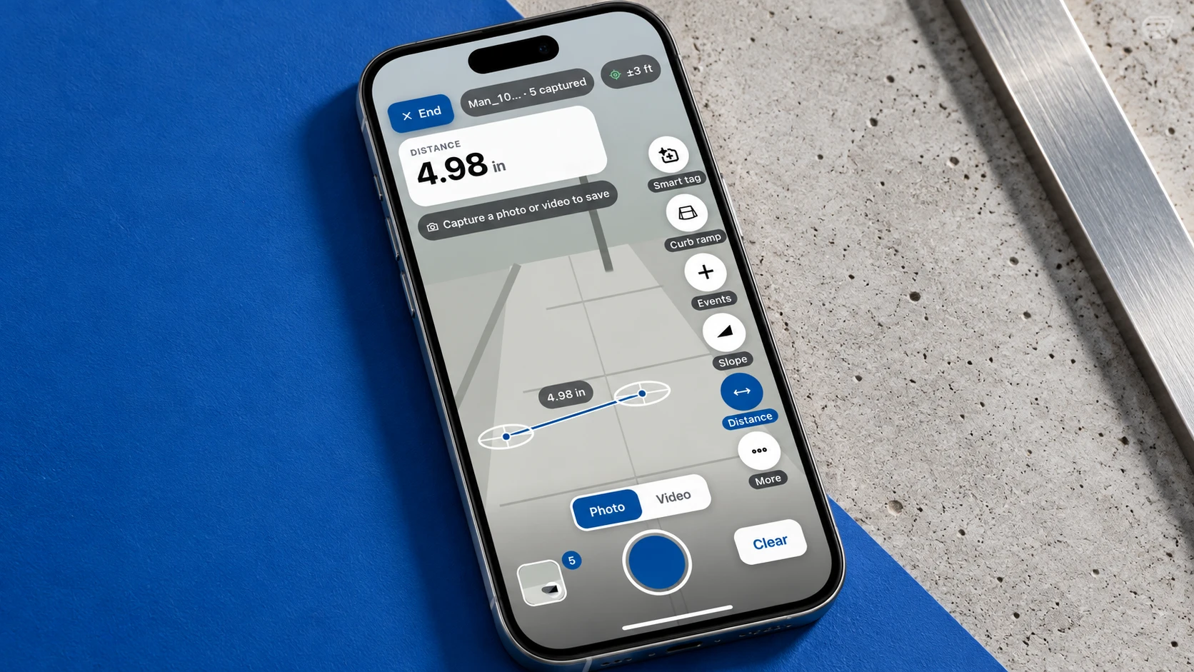 The ADAM Distance tool on a phone, measuring 4.98 inches between two points