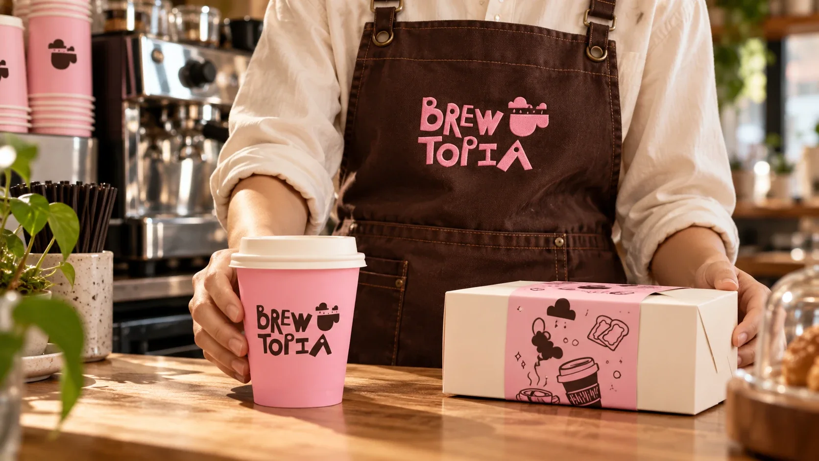 Barista apron, cup and box with the Brewtopia logo