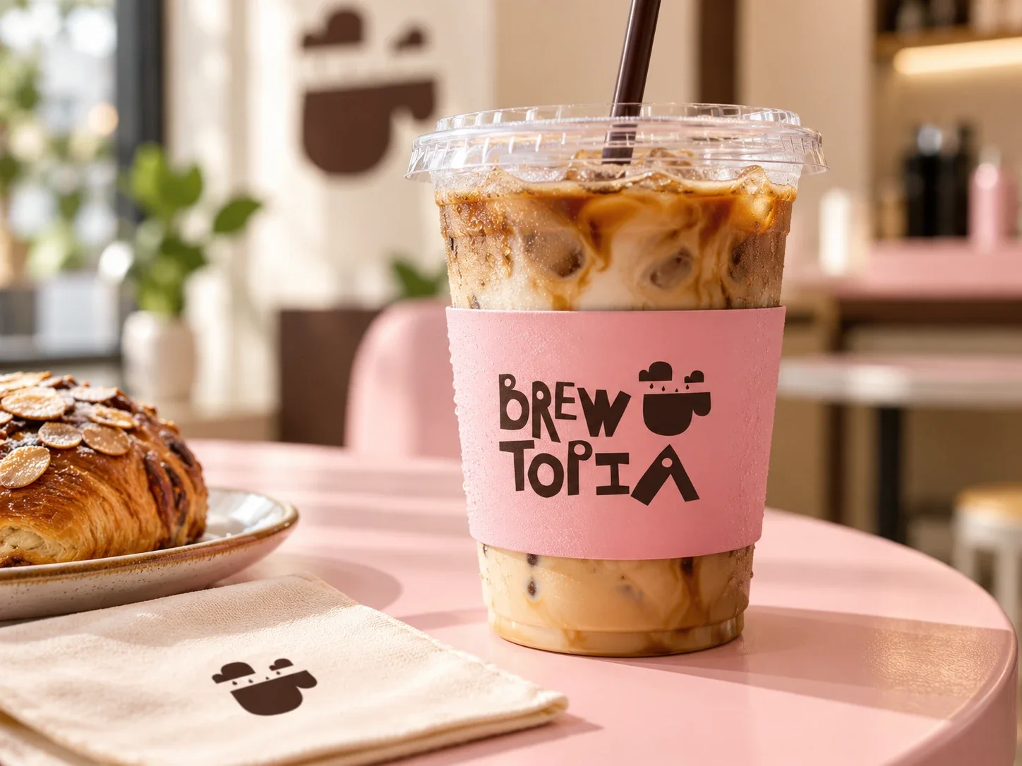 Brewtopia iced coffee with a pink sleeve