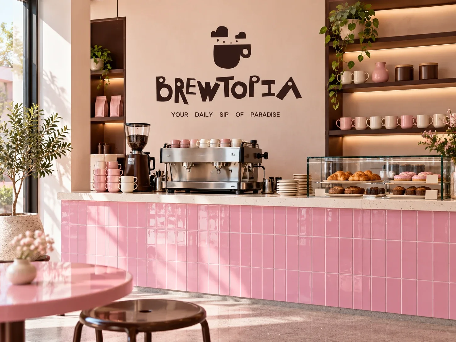 Brewtopia café counter with the logo on the wall