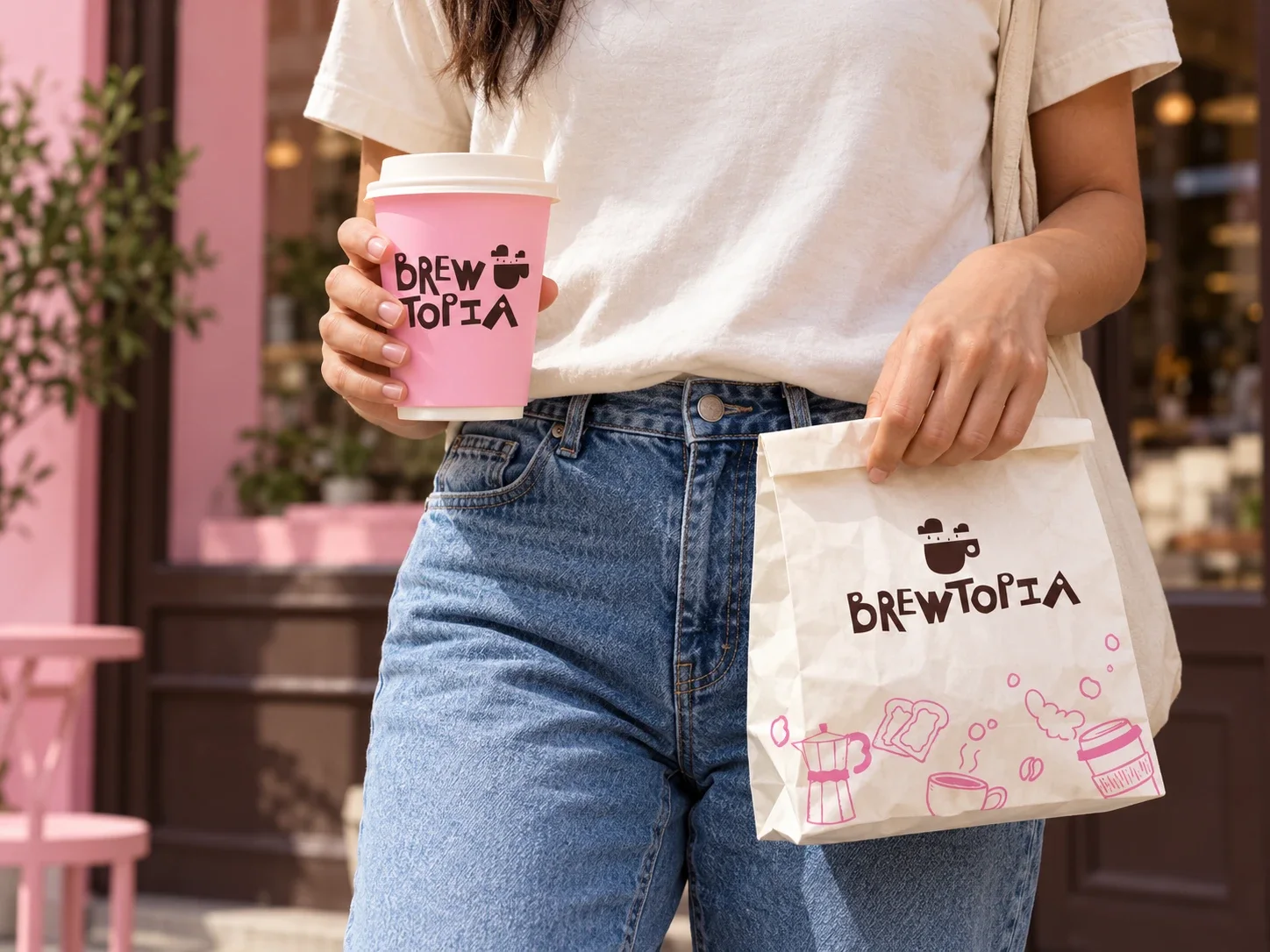 Brewtopia cup and paper bag on the street