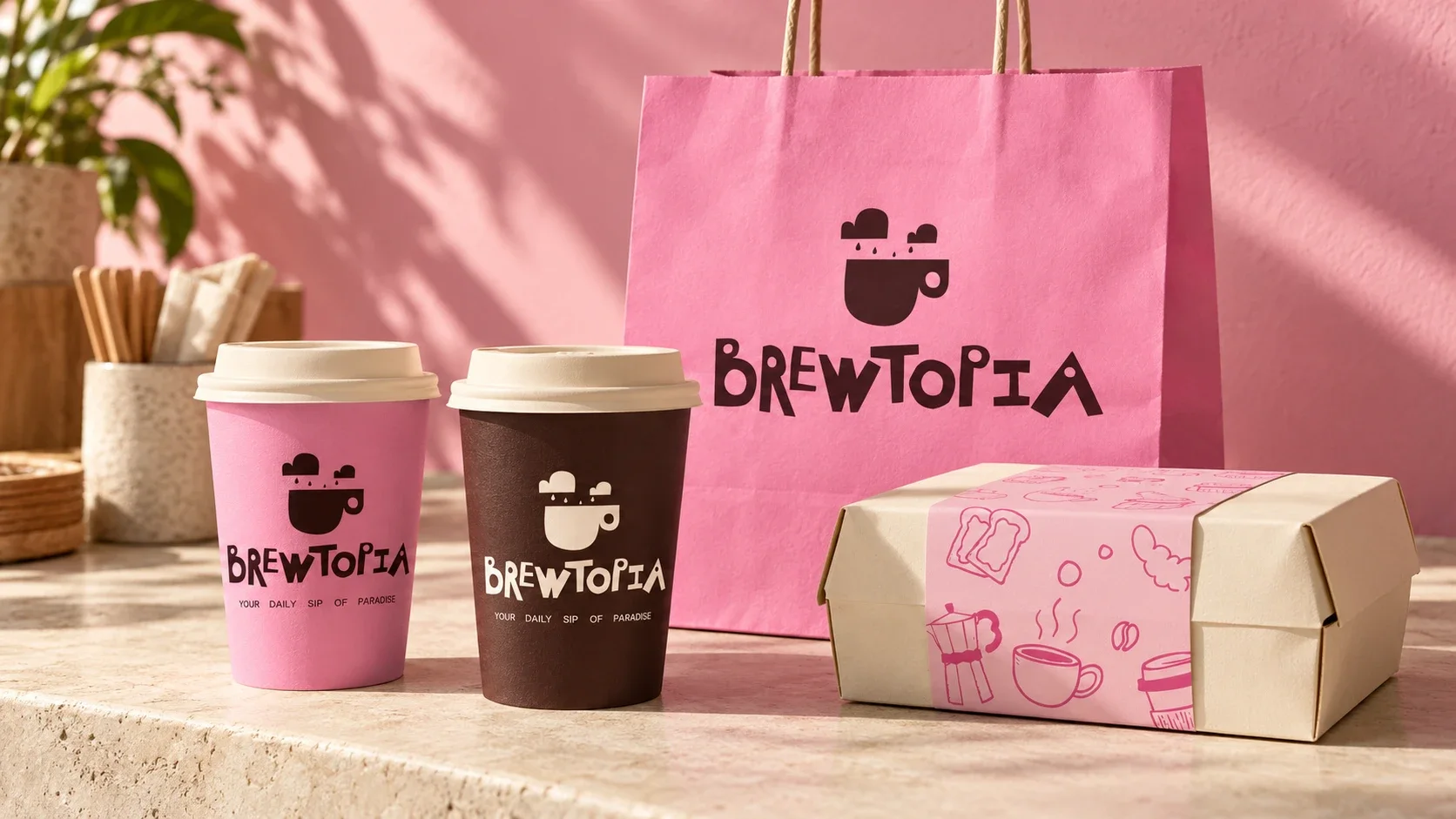 Brewtopia cups, paper bag and box