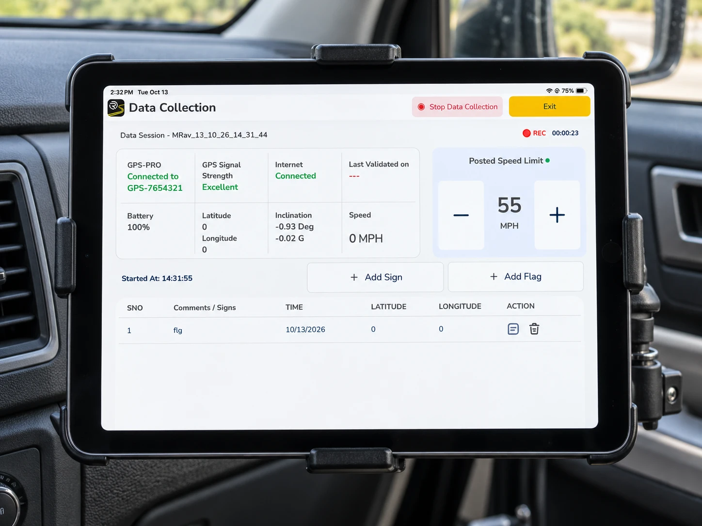 Rieker CARS data collection screen on an iPad mounted in a vehicle, with sensor status, speed limit controls and Add Sign and Add Flag buttons