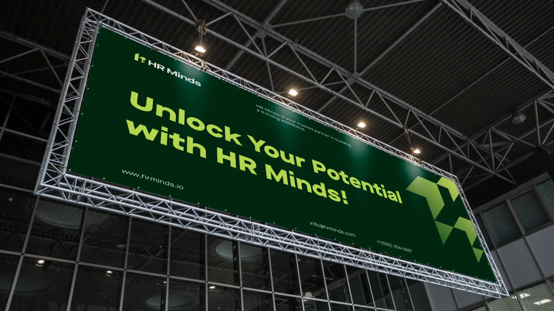 HR Minds banner at an exhibition hall