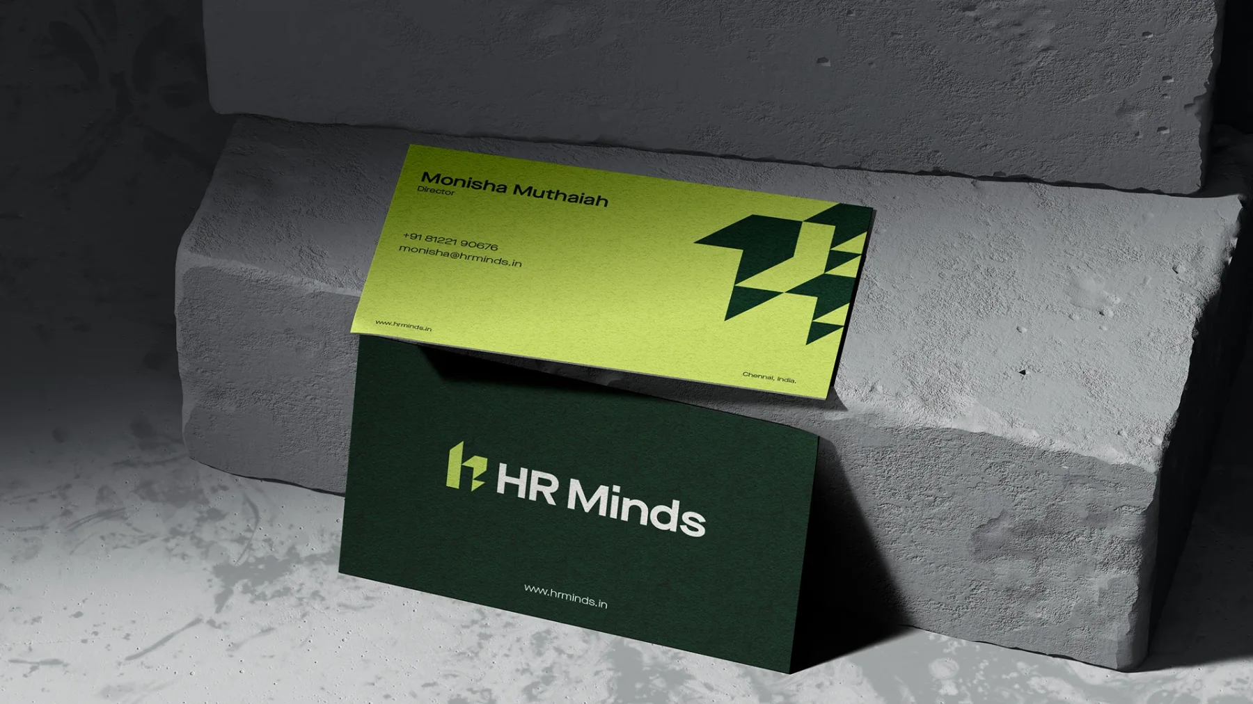 HR Minds business cards, front and back