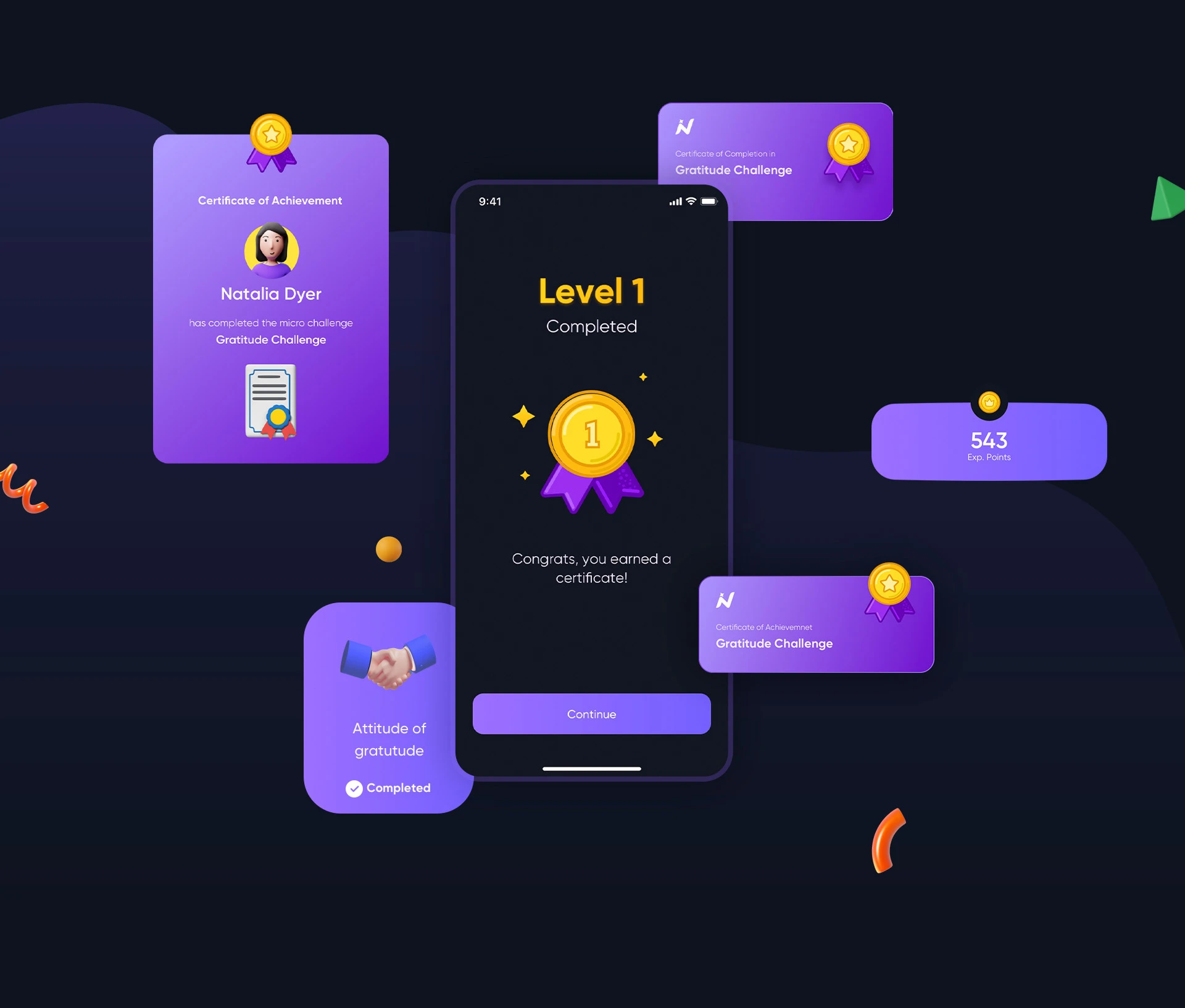 iNvicta certificate and level completion screens with achievement cards