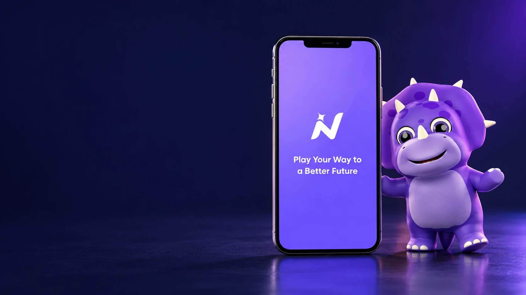 The iNvicta splash screen on a phone, beside Vic the purple dinosaur