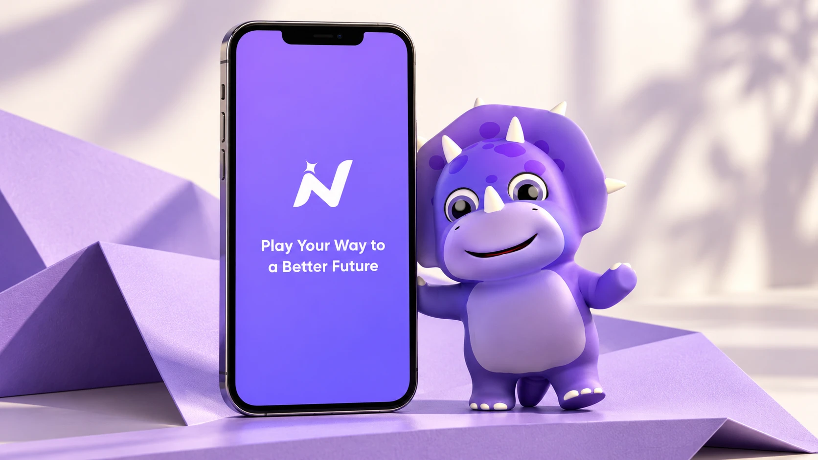 The iNvicta splash screen on a phone, beside Vic the purple dinosaur