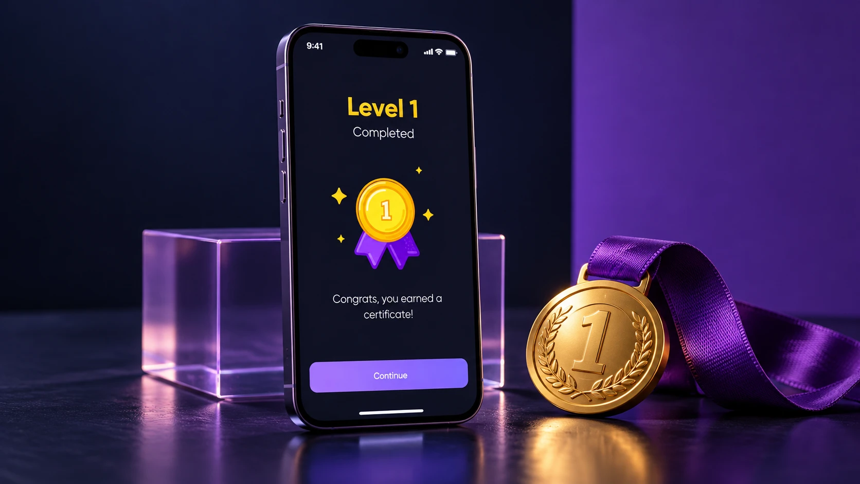 The iNvicta Level 1 Completed screen on a phone beside a gold medal