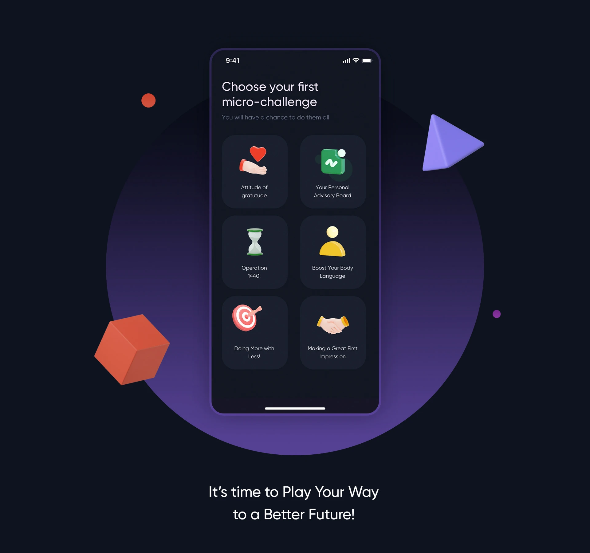 The iNvicta challenge selection screen on a phone against a dark purple circle