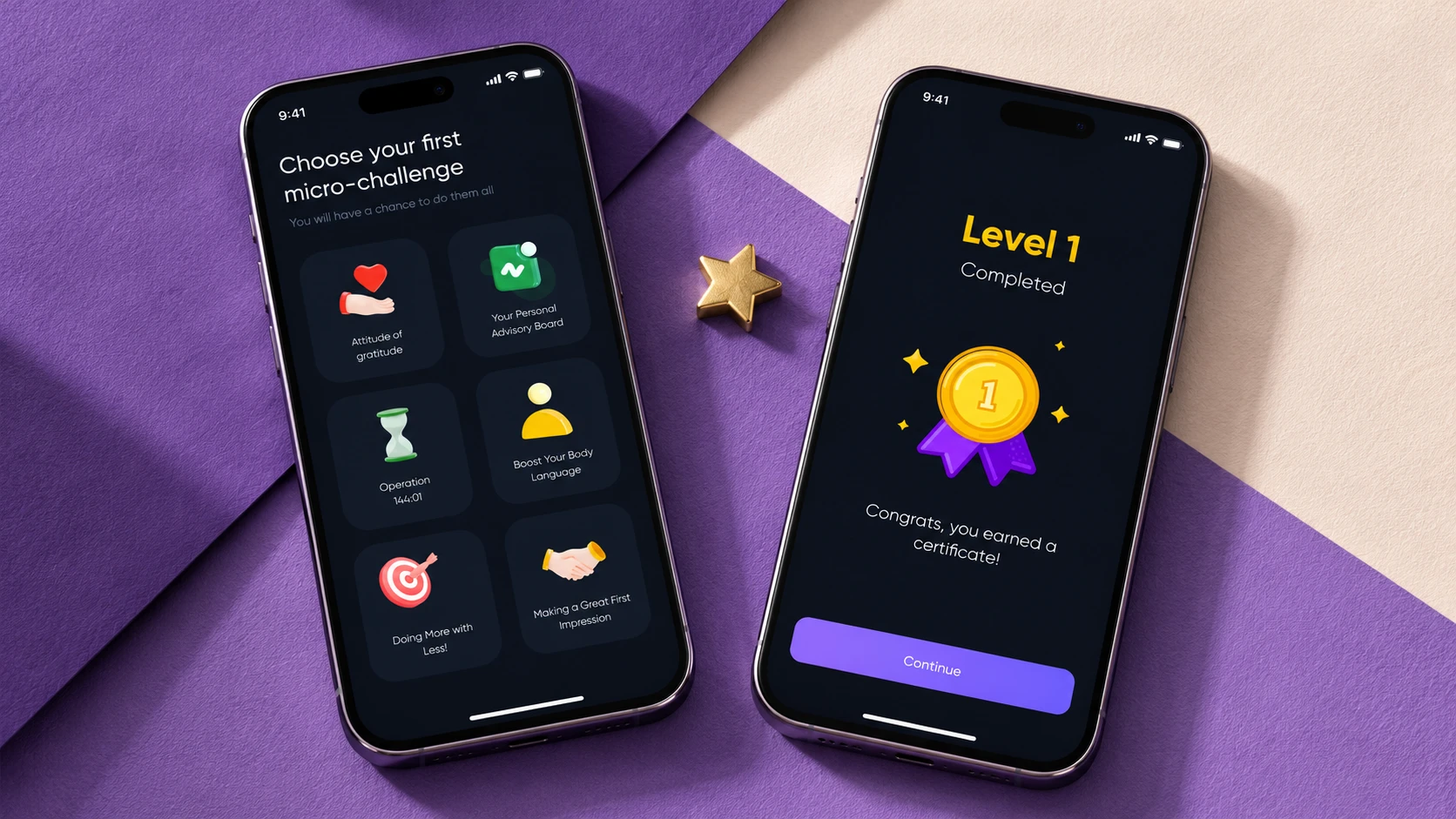 Two phones showing iNvicta challenge selection and Level 1 completed