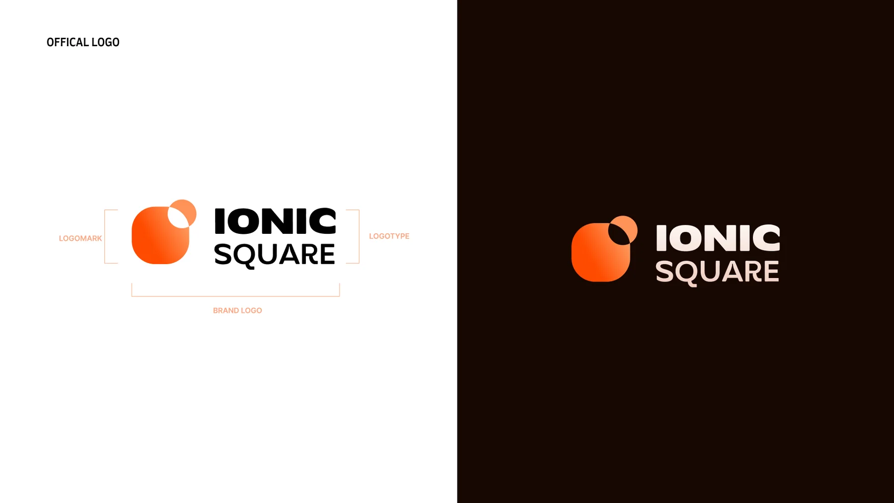 Ionic Square logo with logomark and logotype, on light and dark