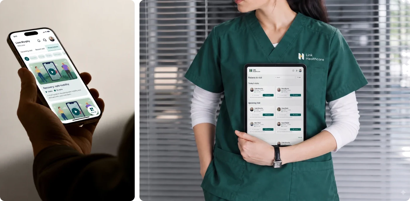 The Link Healthcare staff app on iPad and the patient app on a phone