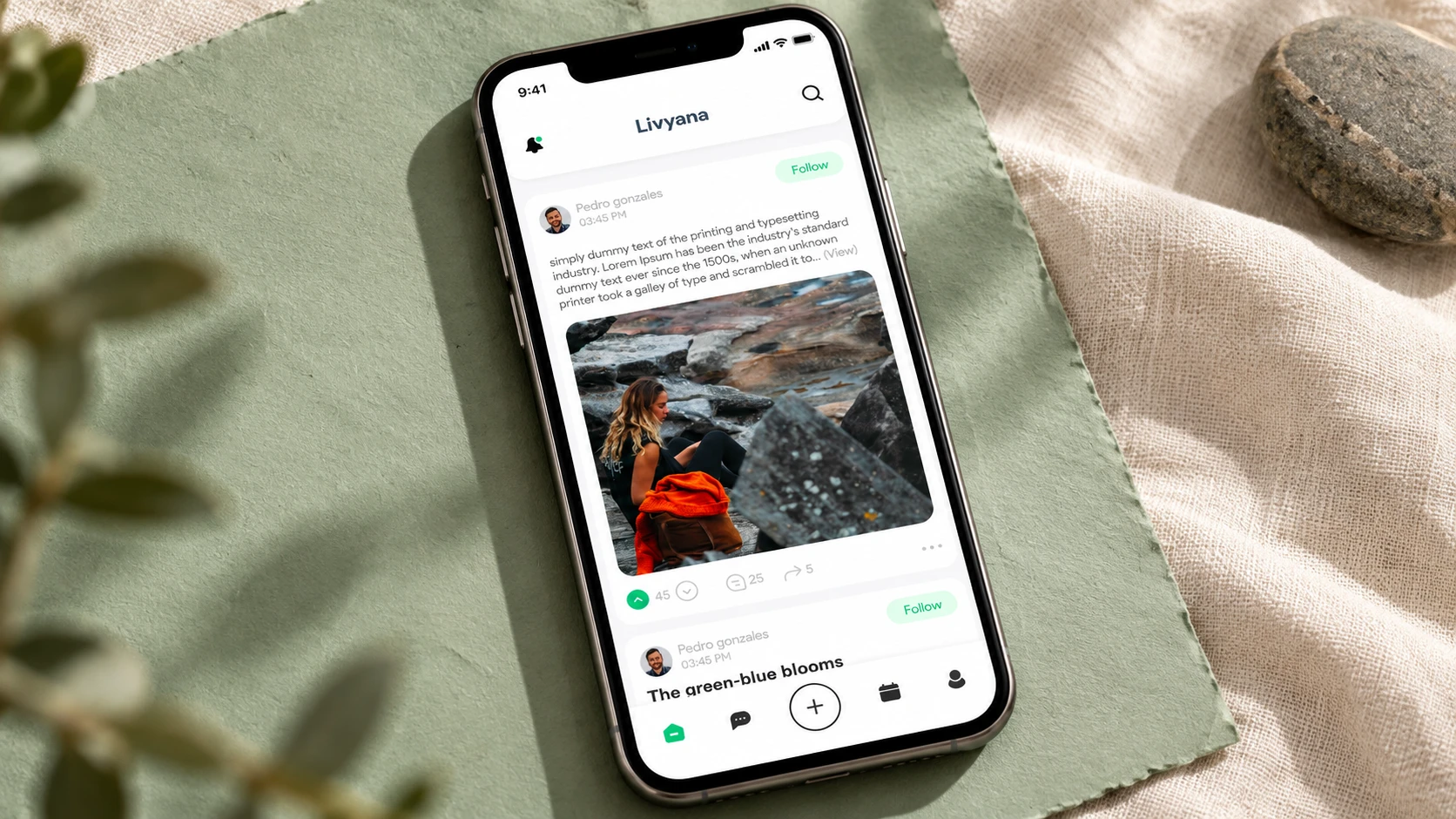 The Livyana community feed on a phone, with a post, an image and a Follow button