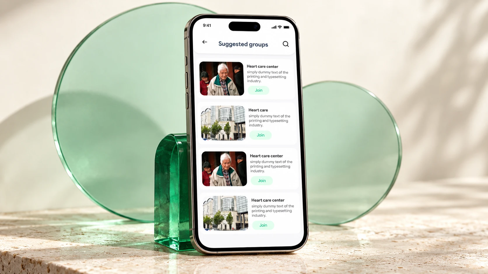 The Livyana Suggested groups screen on a phone, with image cards and Join buttons