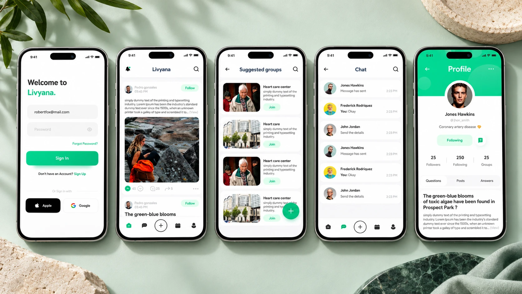 Five Livyana screens side by side: sign in, feed, suggested groups, chat and profile