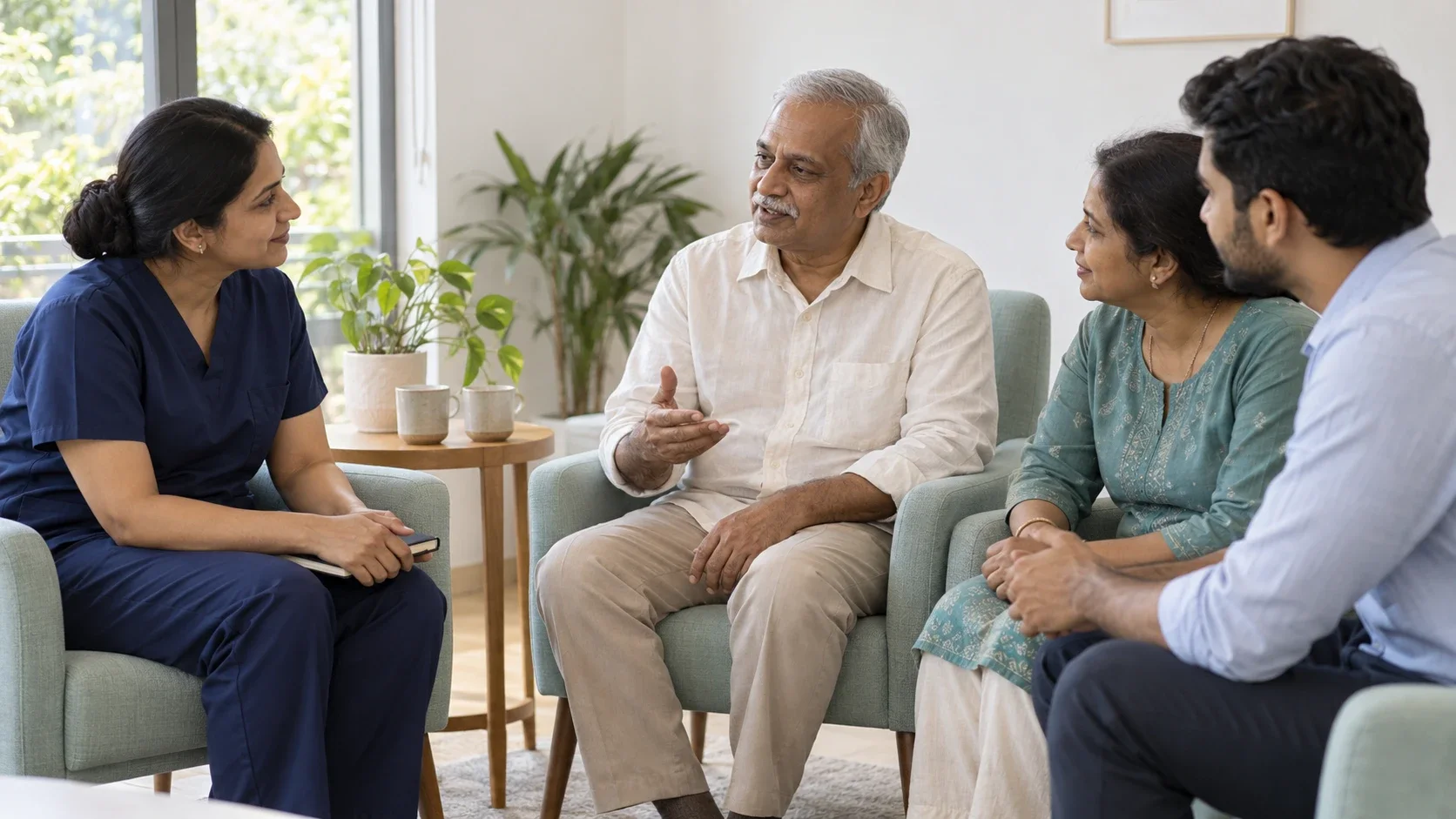 A nurse talking with a family