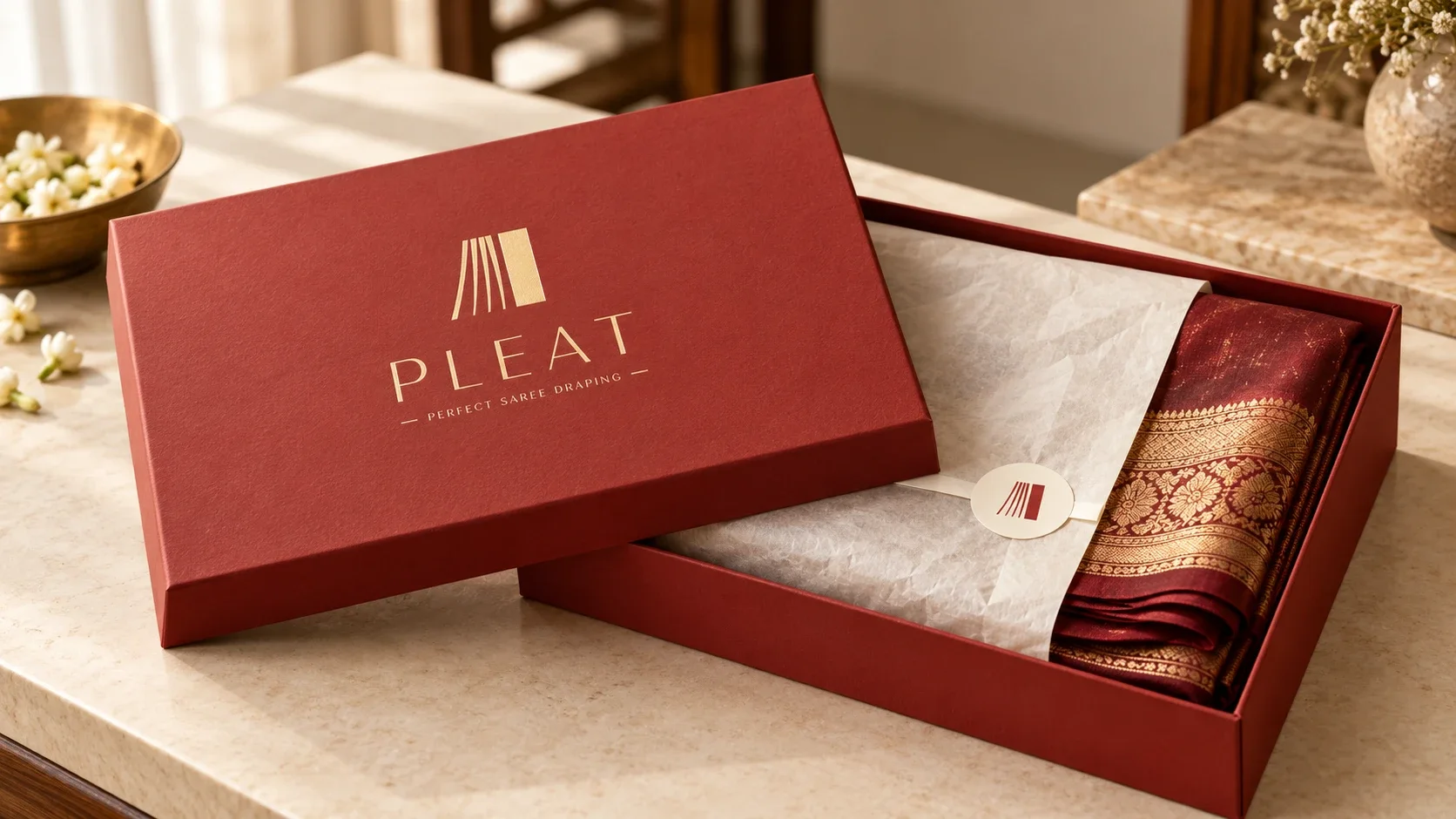 Pleat gift box with a folded silk saree