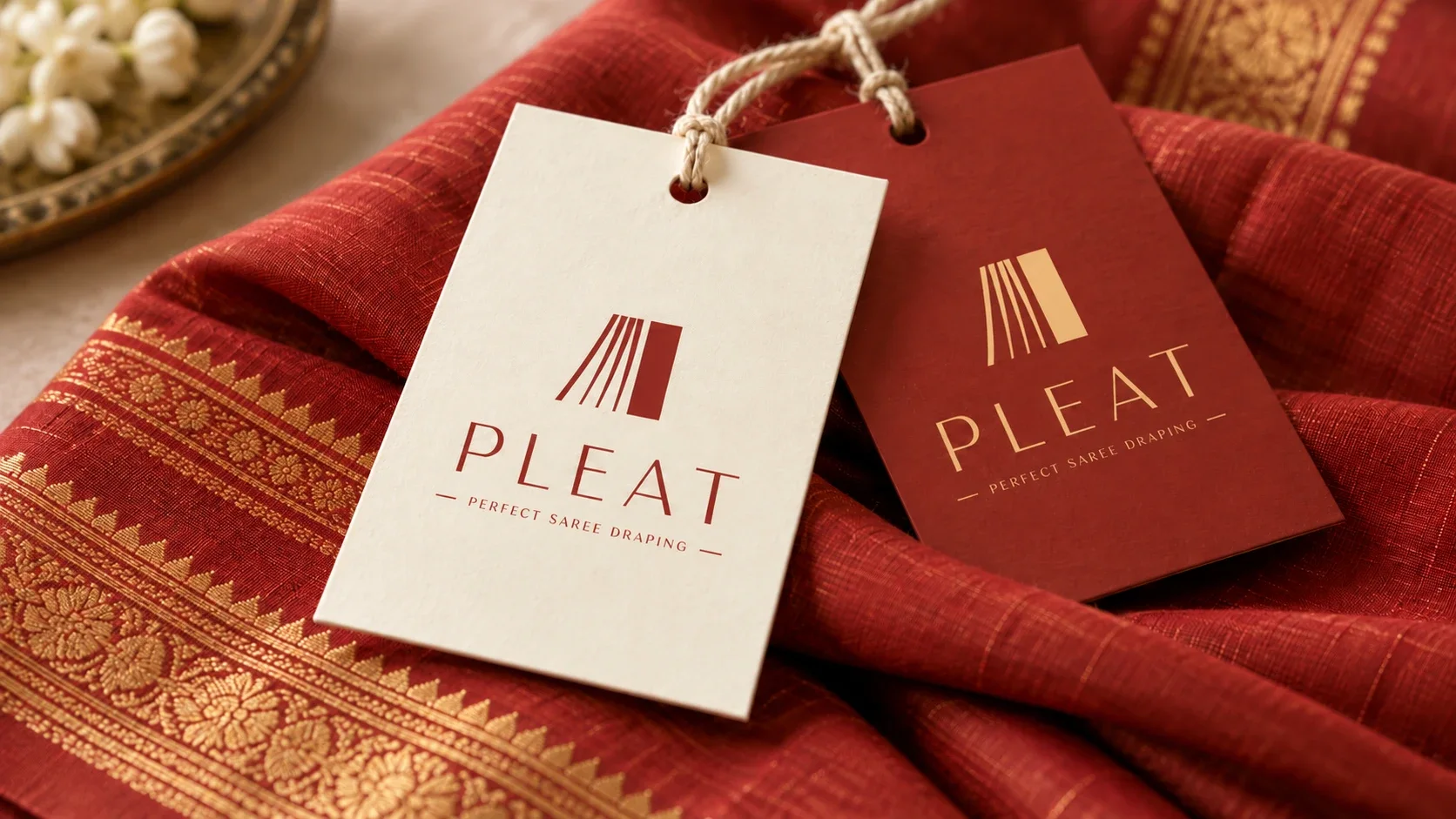 Pleat swing tags on a red silk saree