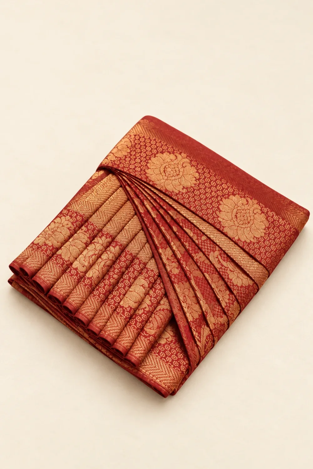 A pre-pleated, folded silk saree