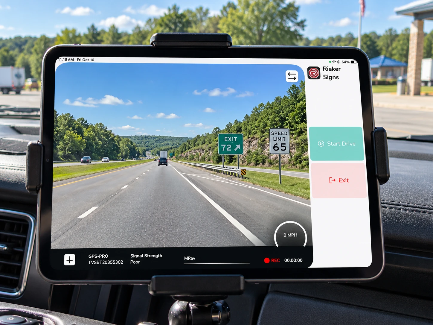 Rieker Signs on a tablet mounted in a vehicle, recording the road and its signs with GPS
