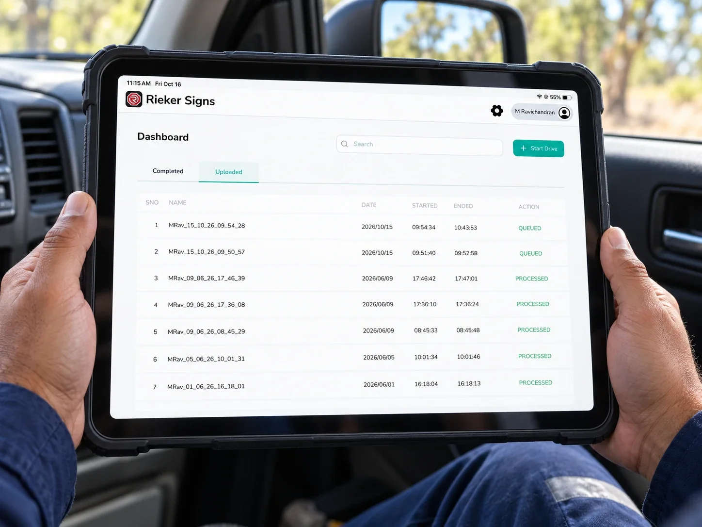 Rieker Signs dashboard on a rugged tablet, listing drives with their status