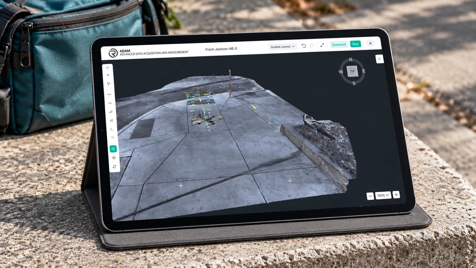 Smart-MAT on a tablet, showing a 3D model of a curb ramp with measurement tools and point panels